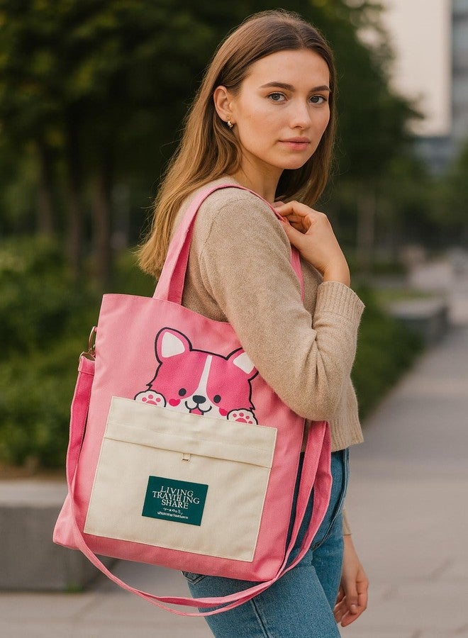 KeepCart Canvas Tote Bag for Women Ladies Girls for School, College, Office, Travel, Shopping, Daily Use, 3 in 1 Canvas Adjustable Strap Tote Bag (Pink) - Image 2